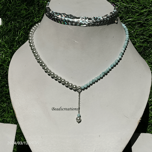 Smooth 4mm Silver Pearl and Larimar Jewelry Beads Chain Necklace Gift Her - Picture 2 of 3