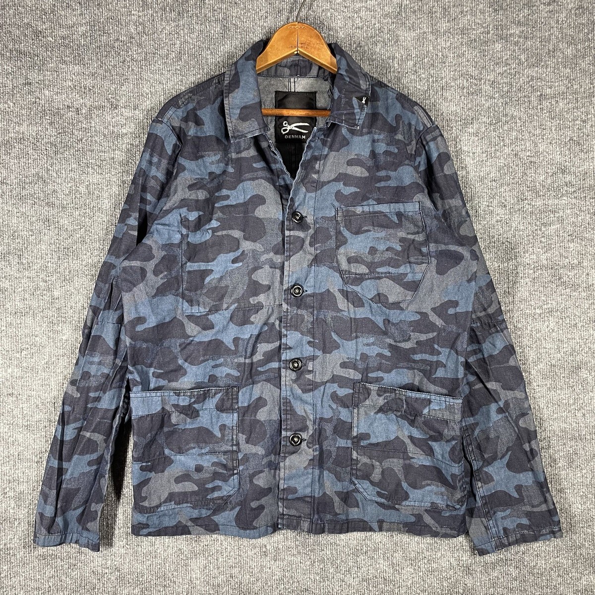 Denham Japan Shirt Chore Jacket Size Large Camo Blue Denim