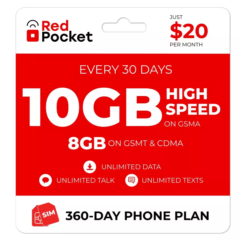$20.00/Mo Red Pocket Prepaid Plan: UnImtd Everything, GSMA 10GB(GSMT & CDMA 8GB) $240.00