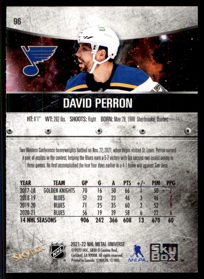 2021-22 Skybox Metal Universe David Perron St. Louis Blues #96 - Image 2 of 2