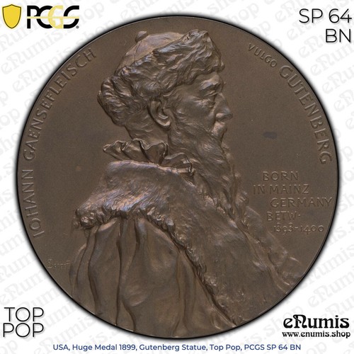 EE. UU., Gran Medalla 1899, Estatua de Gutenberg, Top Pop, PCGS SP 64 BN - Imagen 3 de 8