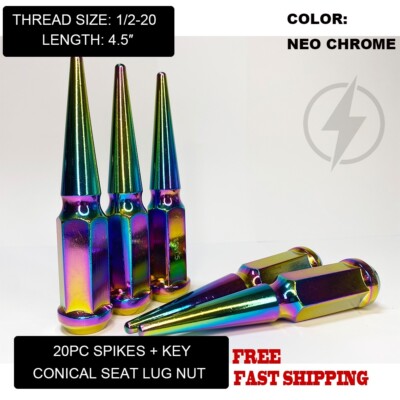 FIT FORD TAURUS EXPLORER FLEX MUSTANG SPIKE LUG NUT 1/2-20 NEO CHROME 20PC+KEY