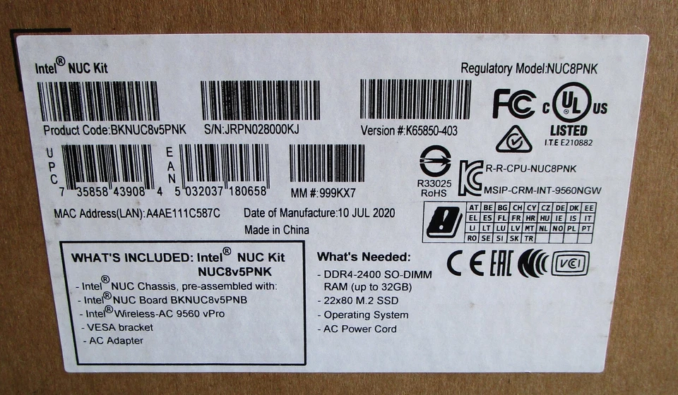 Intel BKNUC8V5PNK NUC Kit Ver. K65850-403 w/acc. New Surplus / Y3 - Image 4 of 4