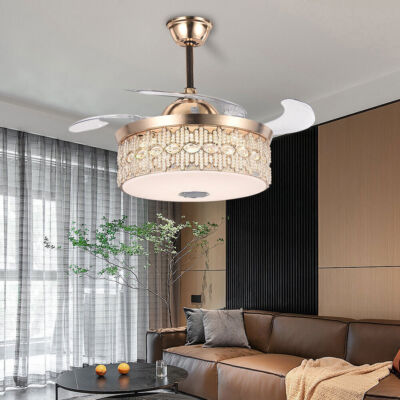 42'' Invisible Crystal Ceiling Fan Chandelier 7 Color LED w/Bluetooth Speaker