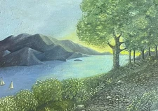 Vintage Mid Century Abstract IMPRESSIONIST MOUNTAIN RIVER LANDSCAPE Oil Painting