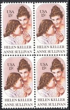 US Stamp Scott #1824, 15c, Helen Keller, Block of 4, OG, MNH/MLH