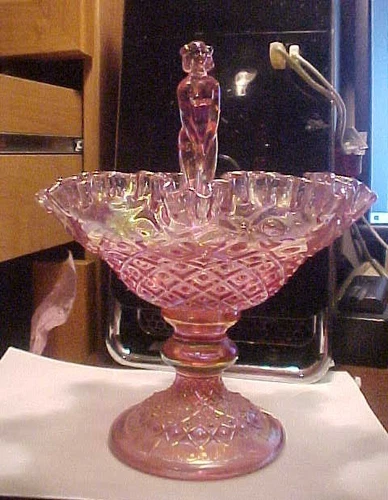 9" Fenton Iridescent Pink September Morn Diamond Lace Epergne w/ Nymph Center
