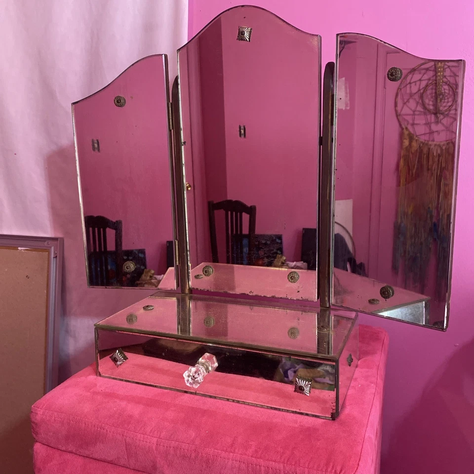 Espejo tocador antiguo triple plegable Art Deco vintage sin marco con cajón Foto 3 de 4