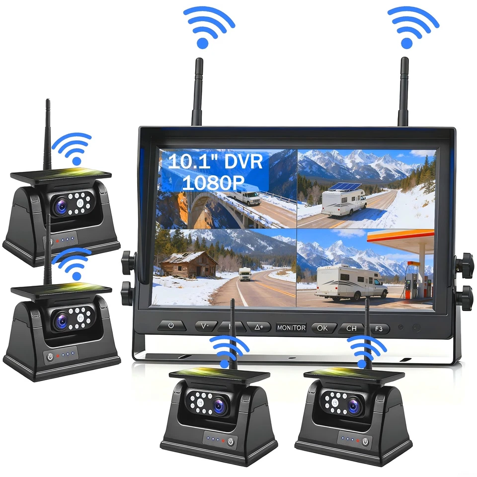 Wireless 10.1" DVR Monitor RV Truck Boat Magnetic Solar HD 1080P Backup Camera - Image 2 of 4