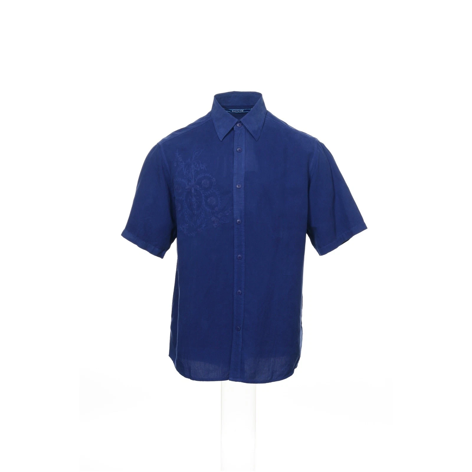 Saltaire Mens Camp Shirt S Blue Tencel Linen Floral Embroidered Short Sleeve