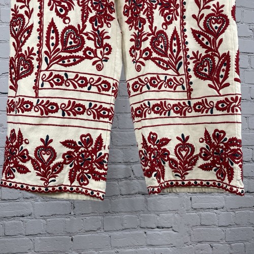 Zara Beige & Red Embroidered High Rise Crop Pants Size Small S (28x22.5) - Picture 11 of 13