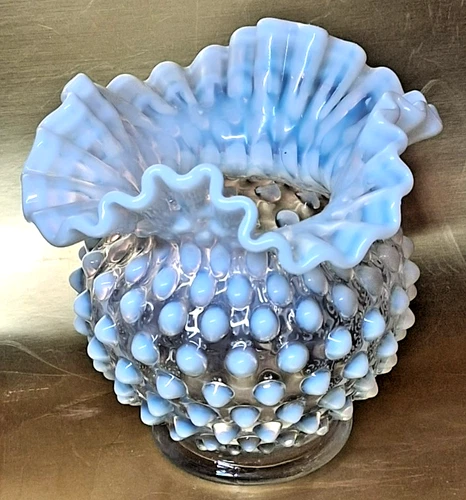 Fenton Opalescent White-to-Blue Hobnail Moonstone Ruffled Rose Bowl Vase