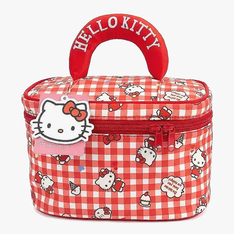 Sanrio Hello Kitty Plaid Cosmetic Bag Travel Tote Bag Red Apples Check Carry All