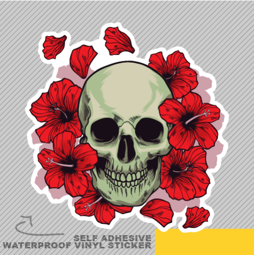 Skull with Flowers Red and Dangerou Vinyl Sticker Decal Window Car Van Bike 2226 - Afbeelding 1 van 1