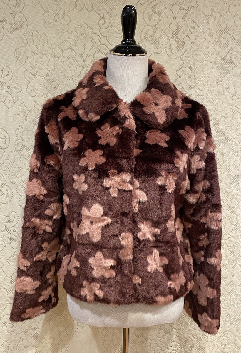Mod Cloth Princess Highway pink floral faux fur short jacket, Size Medium