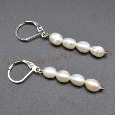 4-5mm Natural White Freshwater Rice Pearl Beads Dangle Silver Leverback Earrings