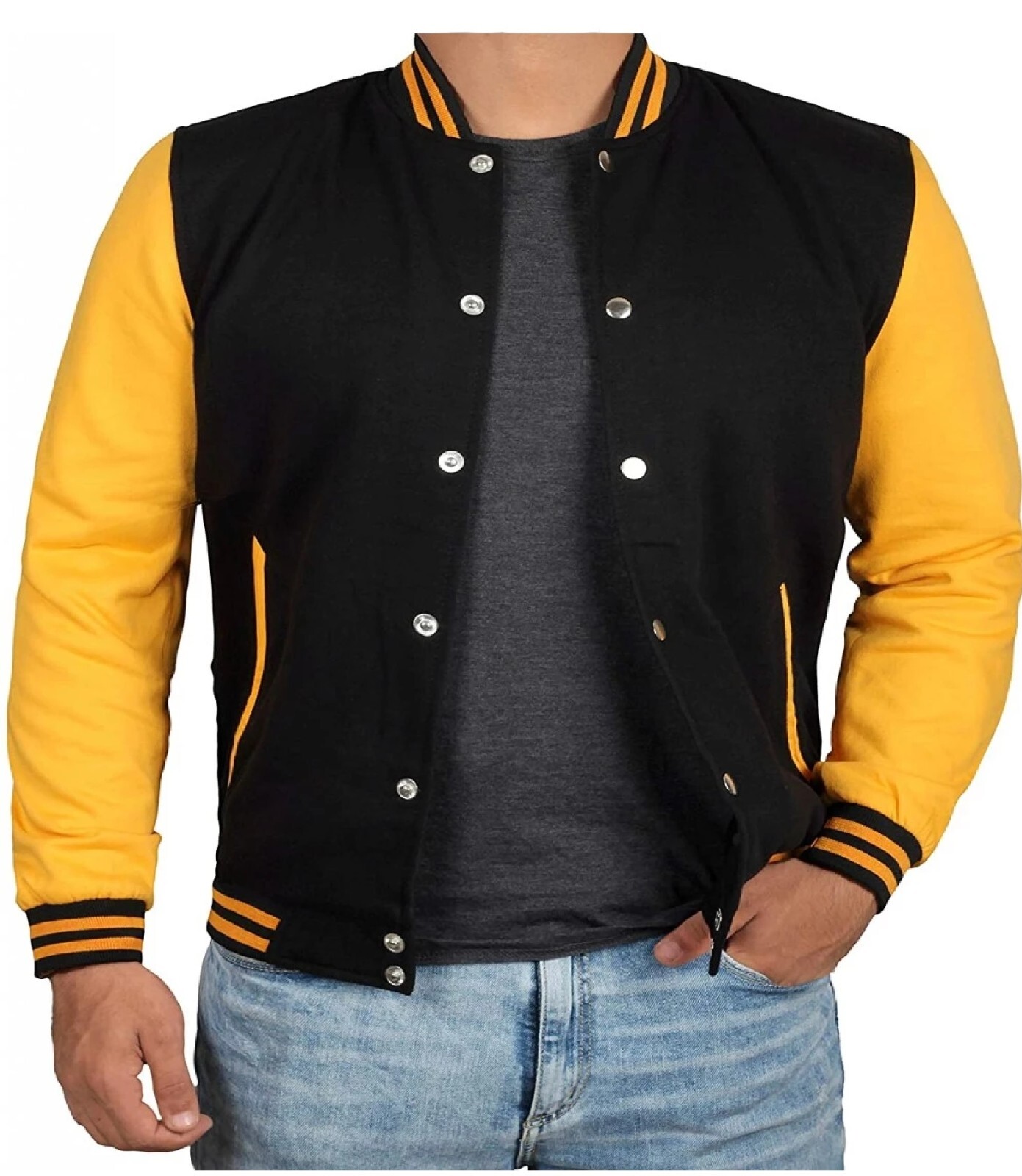 Mens Black and Yellow  Baseball Letterman Varsity Jacket