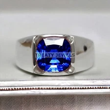 Blue Sapphire Cushion Cut Gemstone With 925 Sterling Silver Ring For Men's #293