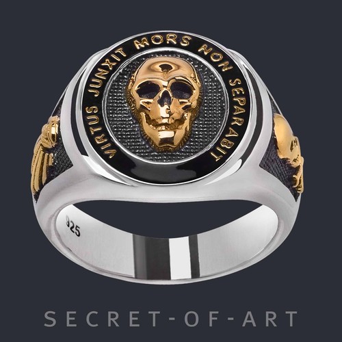 Anello massonico argento 925 placcato oro giallo 750 anello sigillo massonico teschio - Foto 2 di 12