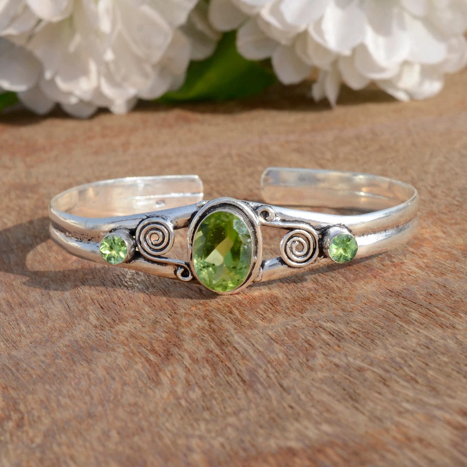 Faceted Peridot Gemstone 925 Sterling Silver Cuff Bracelet Gift For Life Line - Image 3 of 4