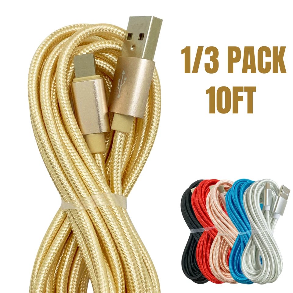 10Ft Braided Charger USB Charging Cable Cord For Apple iPhone 14 13 12 11 X iPad - Image 2 of 4