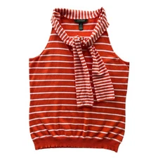 Lauren Ralph Lauren Women’s Large Orange White Stripe Sleeveless Tie Neck Blouse