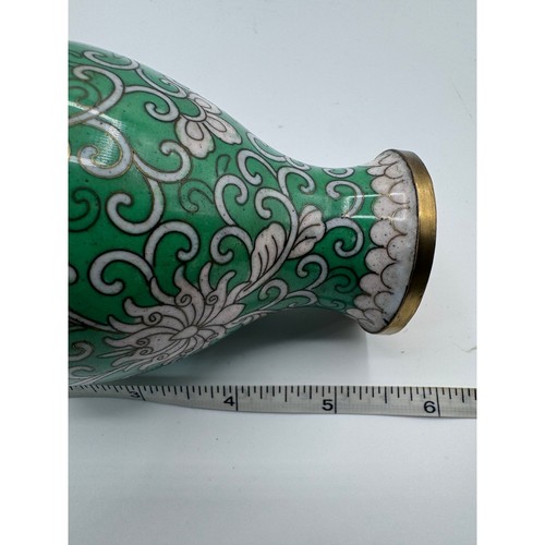 Vintage Chinese Cloisonné Ginger Jar Green Floral Enamel Brass Lidded Vase 6” - Picture 9 of 9