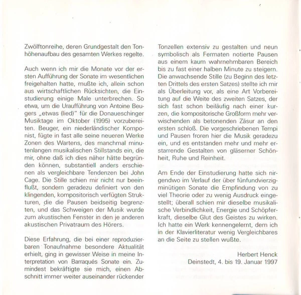 Jean Barraqué Herbert Henck Sonate Pour Pian CD Album 018 - Bild 4 von 4