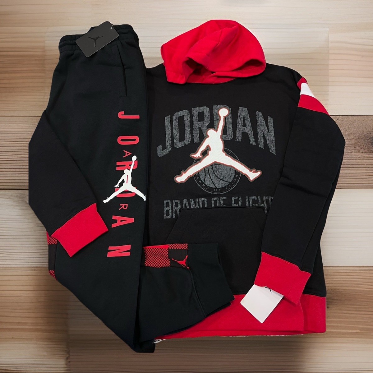NWT NIKE AIR JORDAN BOY'S PC SET BLACK RED HOODIE JOGGERS SWEATPANTS M  L XL