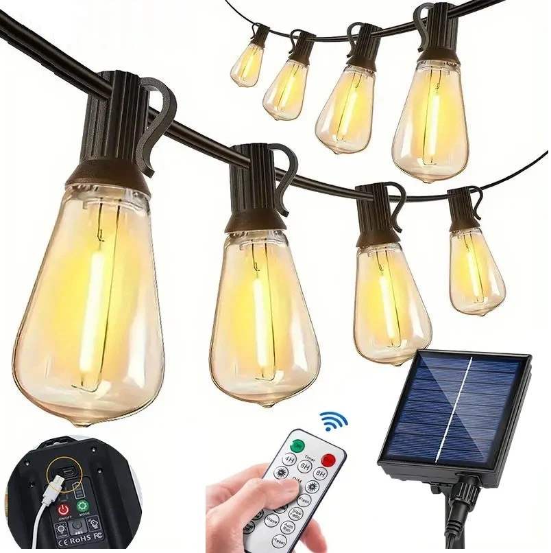 Cadena de luces solares para exteriores de 50 pies para patio impermeable conectable ST38 luz LED Foto 3 de 4
