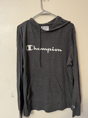 Champion Mens Size Large Long Sleeve Tee Shirt Hoodie Gray Spell Out