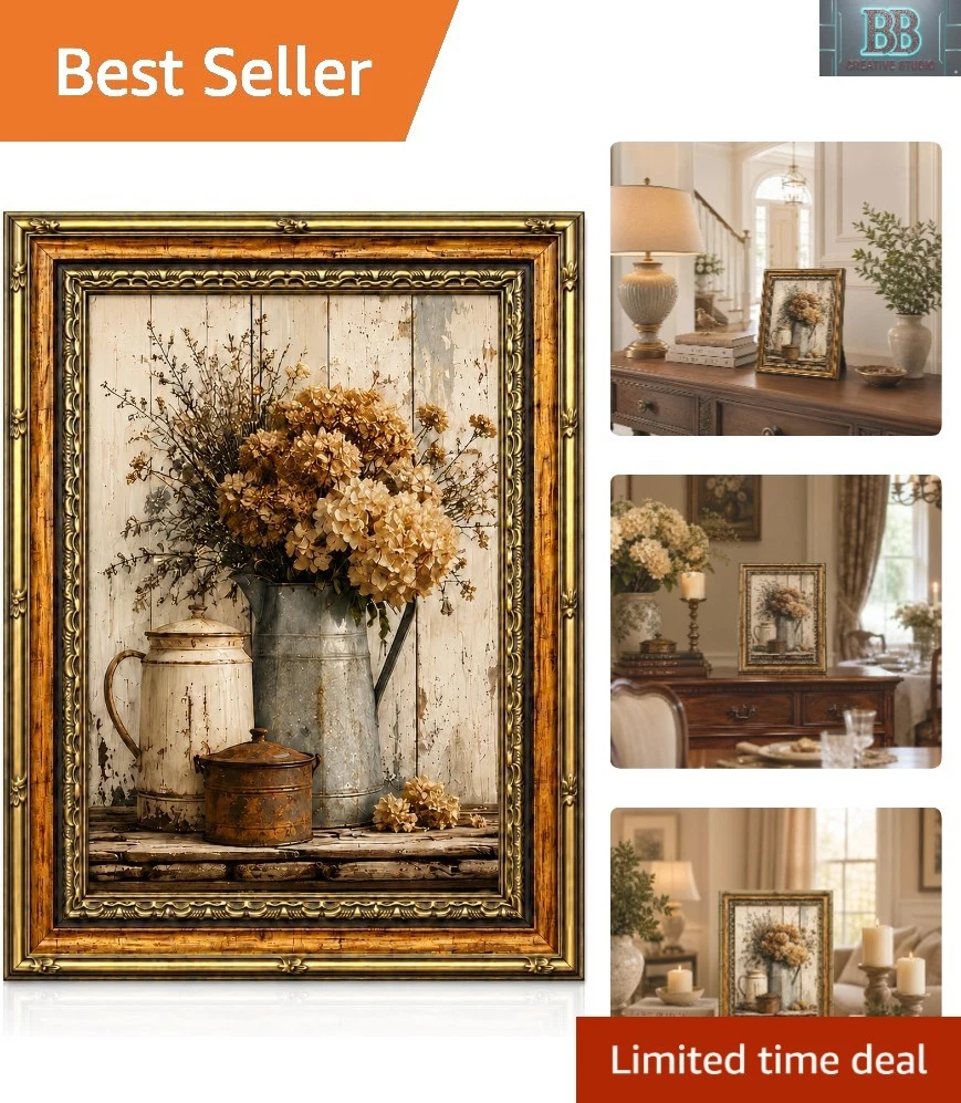 Blumen Kunstdruck - Vintage Gold gerahmt 8x10 Hortensie Leinwand für gemütliche Räume