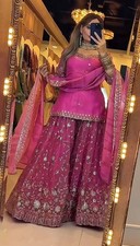 Women  s Rani Pink Embroidered Kurti Palazzo Dupatta Set Wedding Ethnic Wear