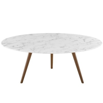 Pemberly Row 40'' Artificial Marble Coffee Table with Tripod Base in Walnut/White