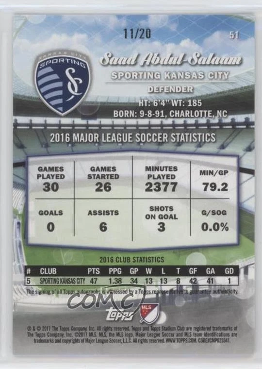 2017 Topps Stadium Club MLS Members Only Auto /20 Saad Abdul-Salaam #51 Auto - Image 2 of 2