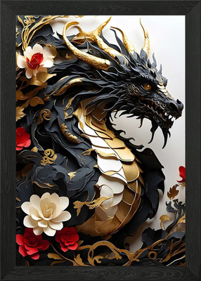Schwarz-goldener Drache Papierkunst gerahmtes Wandbild Poster Leinwanddruck Bild