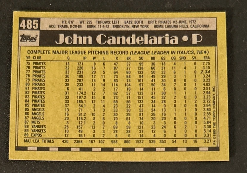1990 Topps John Candelaria Baseball Card #485 Expos Pitcher VG O/C - Image 2 of 2
