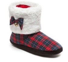 Rest Your Soles Collection Eighteen Red Jingle Bells Tartan Plaid Bootie Slipper