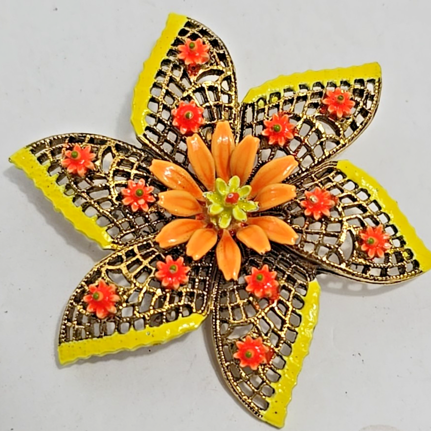 Vintage Brooch Signed ART, bright Yellow/Orange Flower
