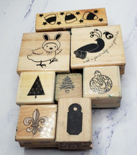 Lot of 8 Christmas and Seasonal Themed Wood Mounted Rubber Stamps