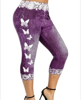 Fashion Purple Women Butterfly Print Skinny Capris Leggings Sports Clothing XXL 