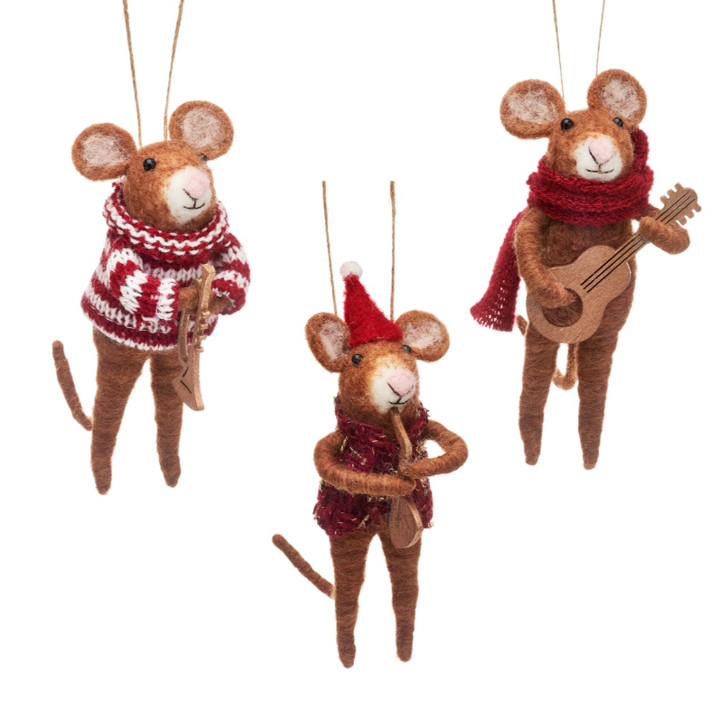 Sass and Belle Felt Musician Mice Hanging Christmas Decoration  Set of 3