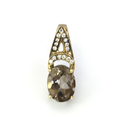 1,1 ctw natürlicher Rauchquarz & Diamant massiv 14k Gelbgold ovaler Tropfen Anhänger