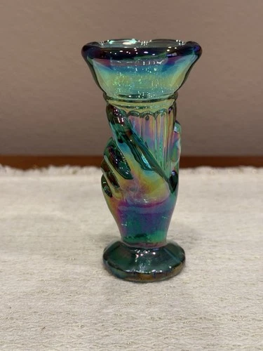 VTG Fenton Green Iridescent Hand Torch Art Glass Bud Vase 4” Tall