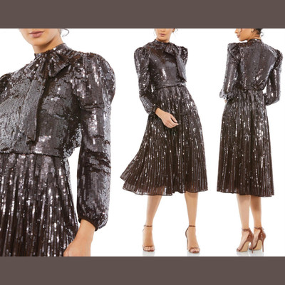 NEW Mac Duggal [ SZ 14 ] 93642 Long Sleeve Tea Length Dress Dark Chocolate S1086