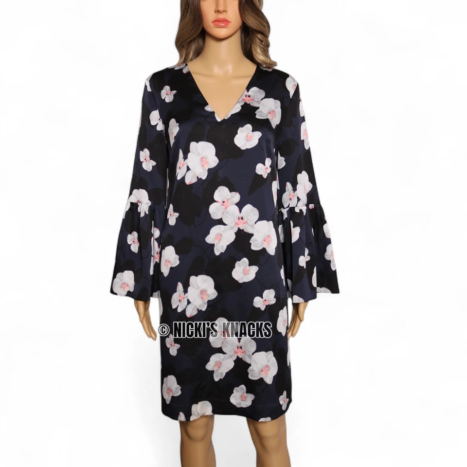 Mini vestido Banana Republic floral manga sino azul marinho branco estampa de orquídea tamanho 8 - Imagem 2 de 4