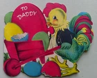 Rooster w wheelbarrow of eggs sucker holder?  vintage Easter greeting card #A10