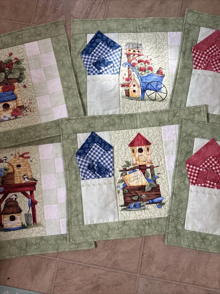8 Placemats , With Napkins . Handmade , Quilted ,birds & Houses. - Image 3 of 4