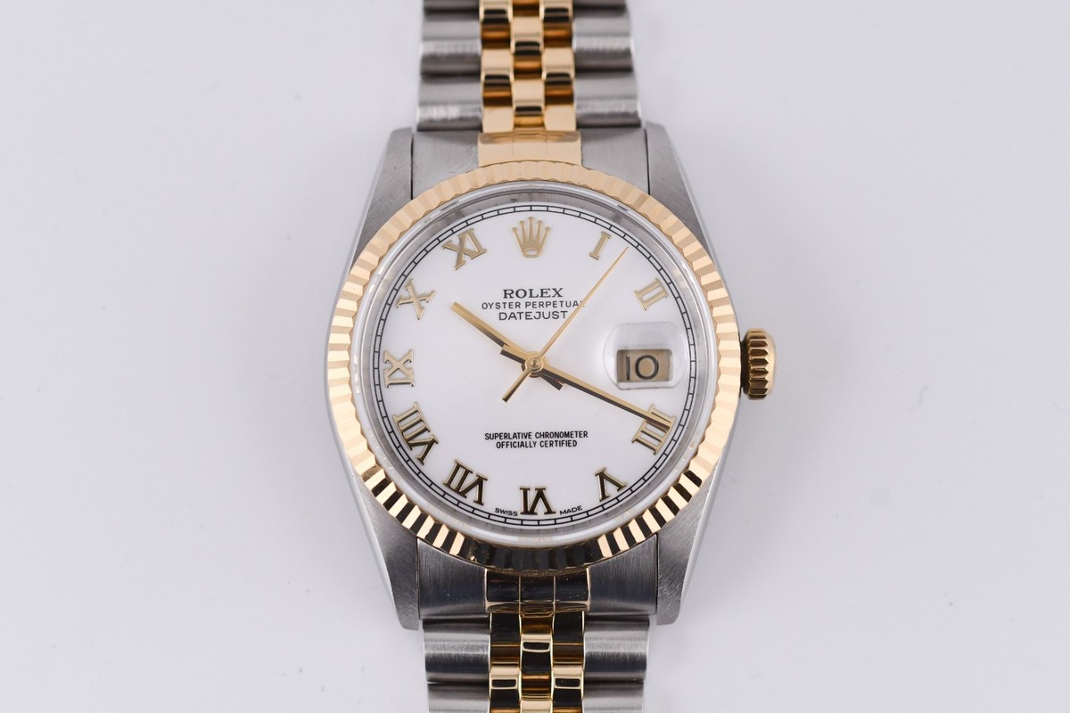 Rolex Datejust 16233 Yellow Gold Fluted Bezel Custom White Roman