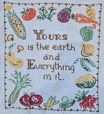 Vtg Completed Cross Stitch Vegetable Garden Summer Harvest Earth Linen Unframed 
